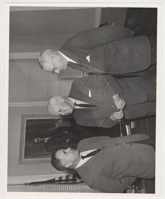 Stephen Watkins Foundation sets up a civil engineering fellowship on March 3, 1962.  Standing left to right in front of a portrait of former president Frank Dickey are: President John Oswald, J. Stephen Watkins, and Robert Ezekiel Shaver, Dean of Engineering