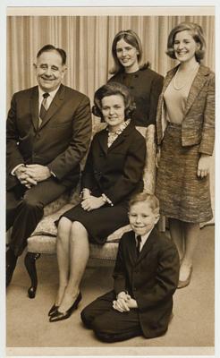 Doctor Oswald's family.  From left to right: President Oswald, Rosanel (spouse), Nancy, Elizabeth, and John W. Oswald, Junior.  This photo taken at Maxwell Place