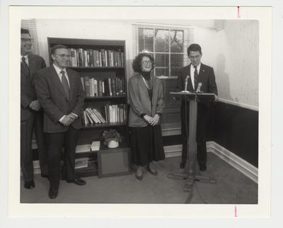President Roselle (far right) speaking at the Harris Psychological Center dedication