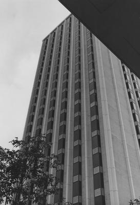 A photo of one of the towers of the Kirwan-Blanding Complex. This photo is at an angle looking up from the base