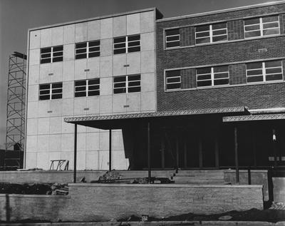 Construction of Blazer Hall nearly complete. This photo taken of the front entrance of Blazer Hall. Received February 13, 1962 from Public Relations