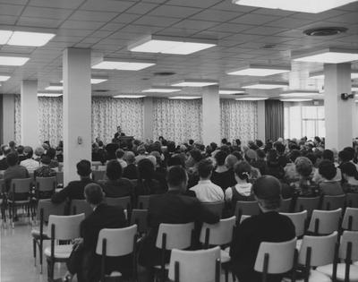 President Frank Dickey speaking at the dedication of Blazer Hall on October 14, 1962. This photo received October 1962 from Public Relations