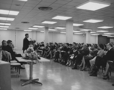 President Frank Dickey speaking at the dedication of Blazer Hall on October 14, 1962. This photo received October 1962 from Public Relations