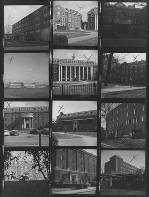 A proof sheet of residence halls around campus. First row, left to right: Donovan Hall, Breckinridge Hall, unidentified. Second row, left to right: Haggin Hall, Kinkead Hall, Boyd Hall. Third row, left to right: Bowman Hall (front), Bowman Hall (back), Jewell Hall. Last row, left to right: Breckinridge Hall, Keeneland Hall, Holmes Hall