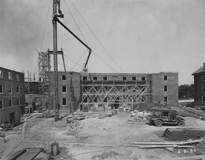Construction of Kinkead Hall, a men's dormitory. Kinkead Hall was built in 1929 and was named after William B. Kinkead. Photographer: La Fayette Studio