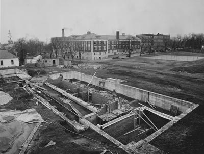 Construction of Breckinridge Hall, Kinkead Hall, and Bradley Hall in 1929. Construction of Bowman Hall was not until after World War II. Photographer: La Fayette Studio. Received February 7, 1929 from the Superintendents Office