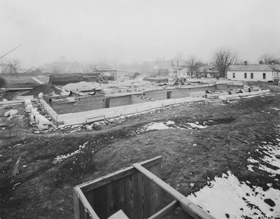 Construction of Breckinridge Hall, Kinkead Hall, and Bradley Hall in 1929. Construction of Bowman Hall was not until after World War II. Photographer: La Fayette Studio
