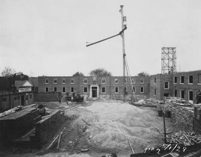 Construction of Breckinridge Hall, Kinkead Hall, and Bradley Hall in 1929. Construction of Bowman Hall was not until after World War II. Photographer: La Fayette Studio