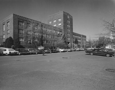 A picture of the Funkhouser building at an angle from the parking lot. The Funkhouser building was built in 1940 and named after William D. Funkhouser
