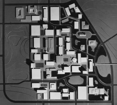 An aerial view of a scale model of the University of Kentucky campus