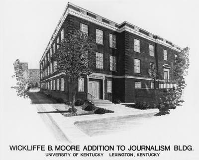 A drawing of a proposed addition to Grehan Journalism Building. Wickliffe B. Moore was the proposed name for the addition, but the addition was never built