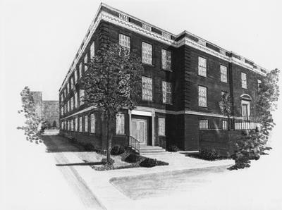 A drawing of a proposed addition to Grehan Journalism Building. Wickliffe B. Moore was the proposed name for the addition, but the addition was never built