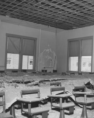 Fallen plaster from the ceiling in a Kastle Hall classroom. Received August 5, 1957 from Public Relations