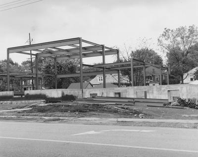 Alumni Center under construction. The Helen G. King Alumni House was dedicated on October 26, 1963 and named after Helen G. King. Received September 17, 1962 from Public Relations