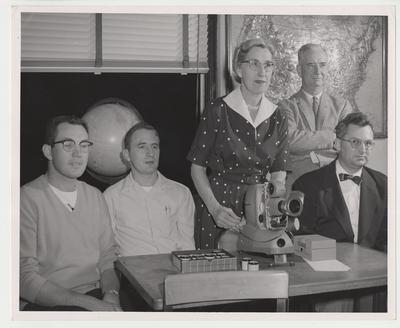 Five unidentified people in Miss Shipman's Rapid Reading class, part of the University Extension Program.  This is the audio-visual of Miss Shipman's Rapid Reading class.  University Extension was the forerunner to distance learning