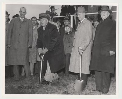 The initial ground breaking ceremony for the medical center.  Former President Herman Donovan (right), President Frank Dickey (center), Governor A. B. 