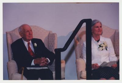 Thomas D. Clark (left) is sitting next to Loretta Brock (right)  at Dr. Thomas D. Clark's 100th birthday celebration at Young Library