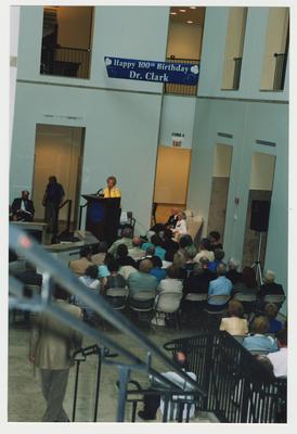 Patricia B. Todd is giving opening remarks at Dr. Thomas D. Clark's 100th birthday celebration at Young Library