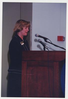 Carol Diedrichs, Dean of Libraries, is speaking at Dr. Thomas D. Clark's 100th birthday celebration at Young Library