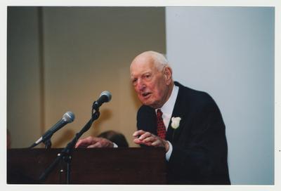Thomas Clark is speaking at his 100th birthday celebration at Young Library
