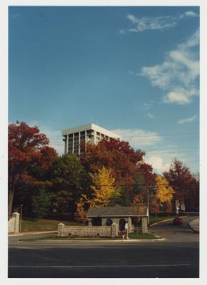 The entranceway to the Administration / Main Building.  Patterson Office Tower is the tall building behind the trees