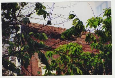 An exterior view of the Administration / Main Building during the fire