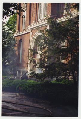 An exterior view of the Administration / Main Building after the fire was extinguished