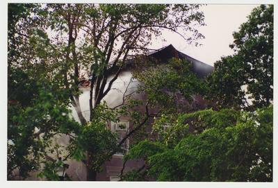 An exterior view of the Administration / Main Building during the fire