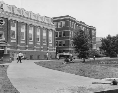 Exterior of the Annex of M. I. King Library, completed August of 1962. In the background, Pence Hall. Received October 10, 1962 from Public Relations