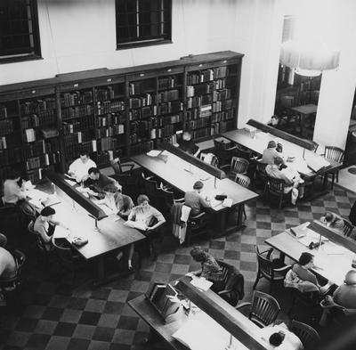 Students studying in the Breckinridge Room of King Library (overhead view)