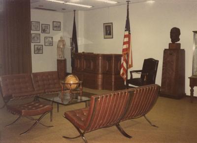 A color photo of the Research/ Reading Room in Margaret I. King North Library. The desk at the left was Vice President Barkley's desk from the United States Senate. Photographer: Terry Warth