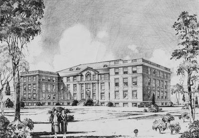 Architecture drawing of McVey Hall. Received from McVey files