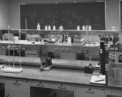 View of lab and blackboard in a Medical Center laboratory. Received September 22, 1960 from Public Relations