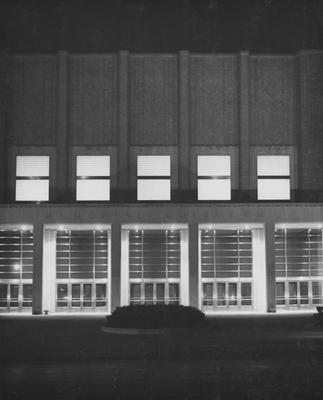 Front entrance of Memorial Coliseum at night. Photographer: John Mitchell