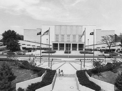 The front of Memorial Coliseum became more visible across campus after the completion of the Flag Plaza in 1979. The plaza is located on the former side of McLean Stadium