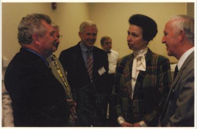 From the left:  Four unidentified men; the Princess Royal Anne of Great Britain; and Peter Timoney, director of the Gluck Equine Research Center