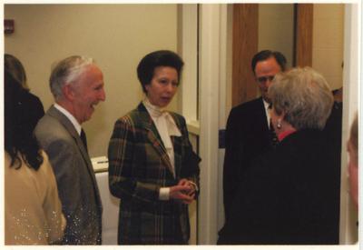 Left to Right:  Peter Timoney, the Princess Royal Anne of Great Britain, President Lee Todd, and with her back to the camera, Sandy Hilen are at a reception at the Gluck Equine Research Center