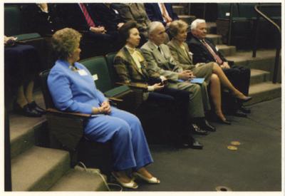 A row of people are seated in an auditorium. From the left: UK First Lady Patsy Todd; the Princess Royal Anne of Great Britain; Peter Timoney, director of the Gluck Equine Research Center; Alice Chandler; and an unidentified man
