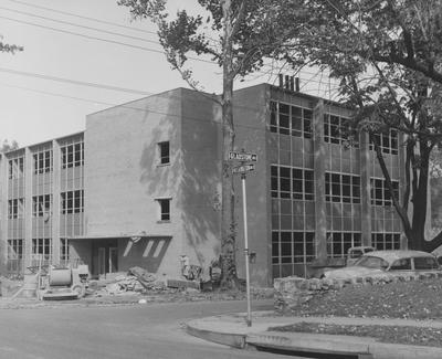 Construction of Pharmacy building at the corner of Washington Avenue and Gladstone Avenue. Received August 17, 1957 from Public Relations