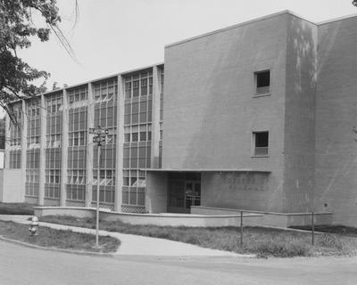 Front entrance to College of Pharmacy building at the corner of Washington Avenue and Gladstone Avenue. Received August 22, 1957 from Public Relations