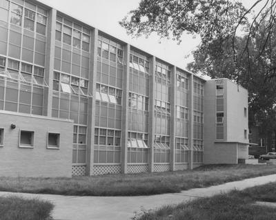 Front entrance to College of Pharmacy building at the corner of Washington Avenue and Gladstone Avenue. Received August 22, 1957 from Public Relations