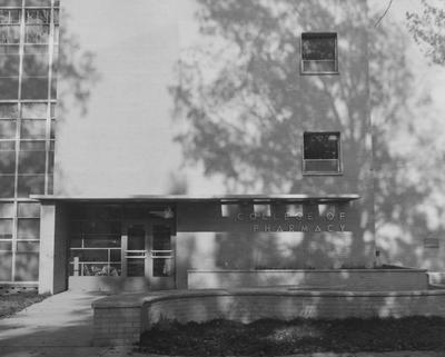 Front entrance to College of Pharmacy building at the corner of Washington Avenue and Gladstone Avenue. Received November of 1957 from Public Relations