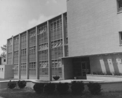 Front entrance to College of Pharmacy building at the corner of Washington Avenue and Gladstone Avenue. Received June 16, 1957 from Public Relations
