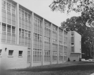 Front entrance to College of Pharmacy building at the corner of Washington Avenue and Gladstone Avenue. Received June 16, 1957 from Public Relations