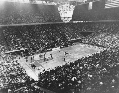 Photo taken inside Rupp Arena during a UK basketball game (black and white copy of a color photo)