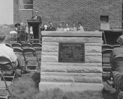Plaque at the Shawneetown Apartments dedication. Received May 21, 1958 from Public Relations