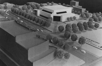 A model of the outside of the Singletary Center for the Arts