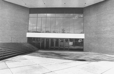 A photo of the front entrance of the newly completed Singletary Center