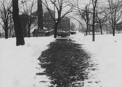 View above Steam Mains running from Heating Plant to Old Chemistry Building (Miller Hall). Path is clear of snow because of heat from underground pipes. Received January of 1953 from Dr. McVey's files