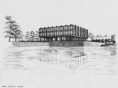 Architects sketch of Spindletop Research Center. This sketch appeared in the Autumn 1960 edition of 